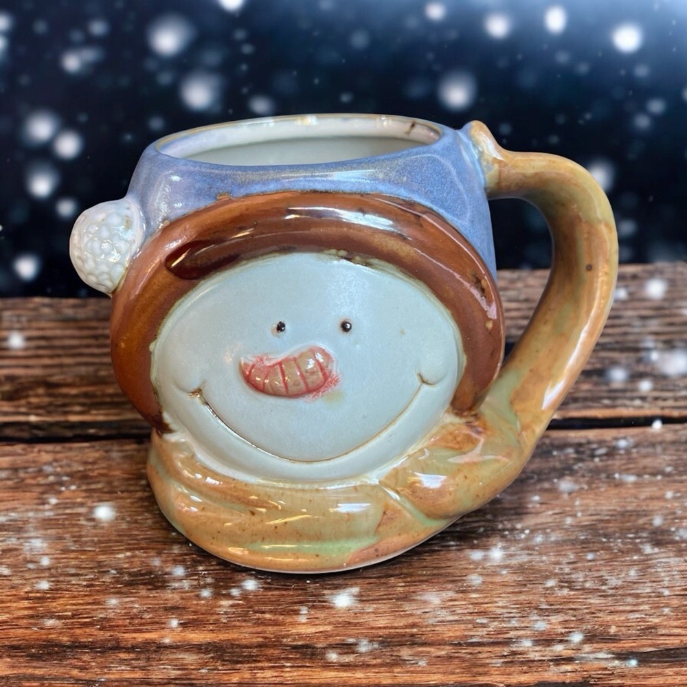 Rustic Snowman Mug JC Penney Home 4" Blue Brown Glaze Ceramic Christmas EUC